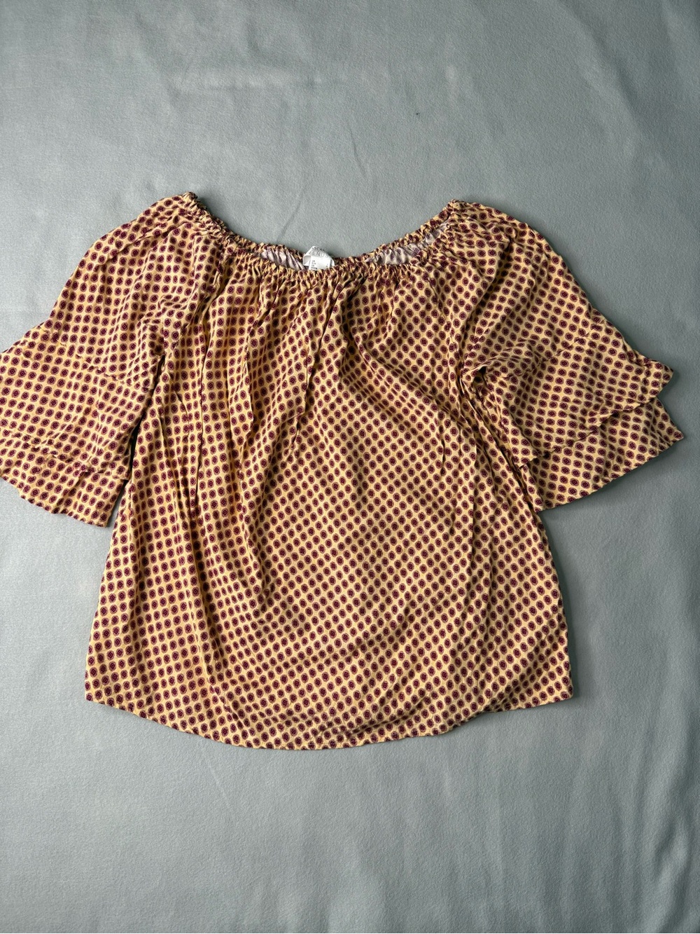LASCANA for VENUS Yellow Burgundy Boho Paisley Off Shoulder Bell Sleeve Top Larg